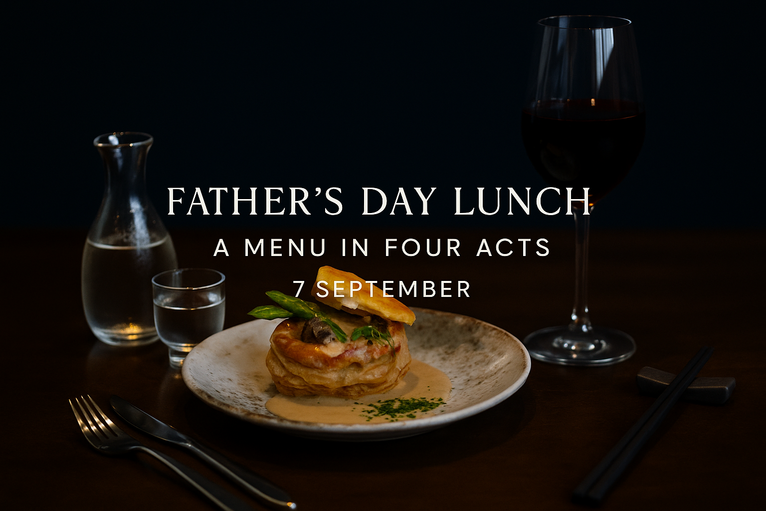 Banner image for Fleur de Mizu special Father’s Day lunch event. A moody, dark table setting features a plated vol-au-vent d'escargot in a light sauce with herbs, a tall glass of red wine to the right, and on the left a sake carafe with a small sake glass. White overlay text reads “FATHER’S DAY LUNCH,” “A MENU IN FOUR ACTS,” and “7 SEPTEMBER.”